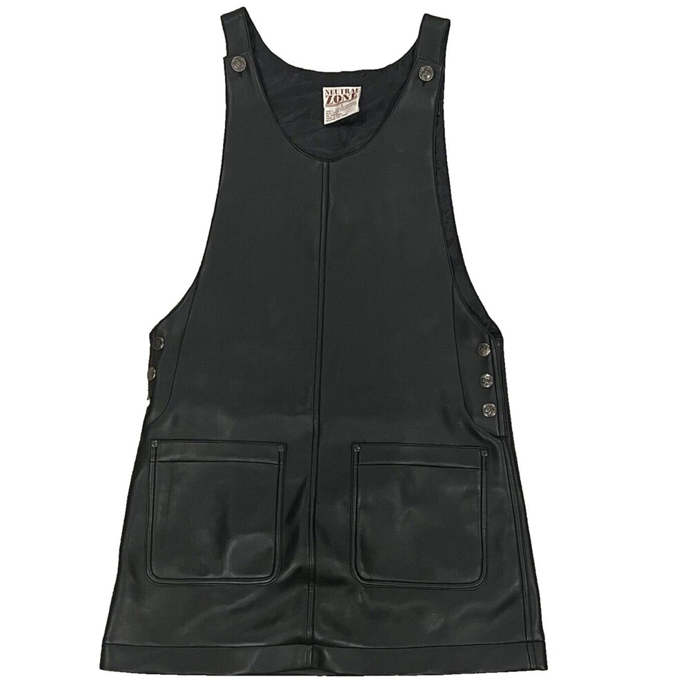 Vintage-Inspired Black Faux Leather Mini Pinafore Dress